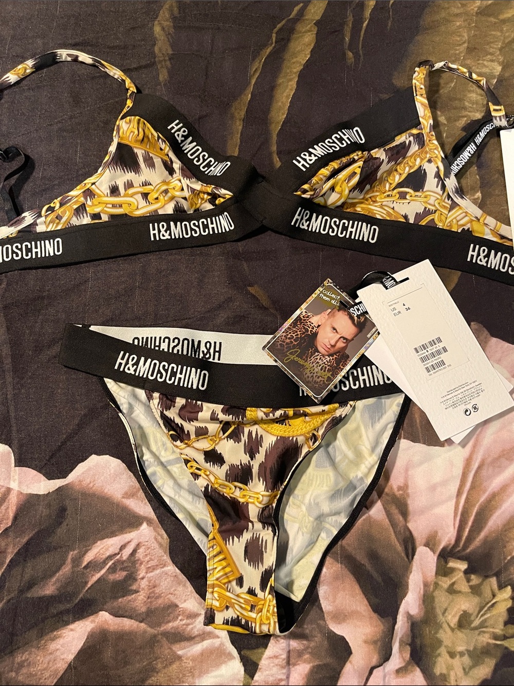 Moschino & H&M Black, White & Gold Chain-Print Bikini Set